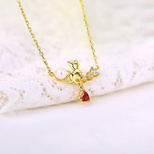 Pearl Garnet Cat Yellow Gold Pendant Necklace